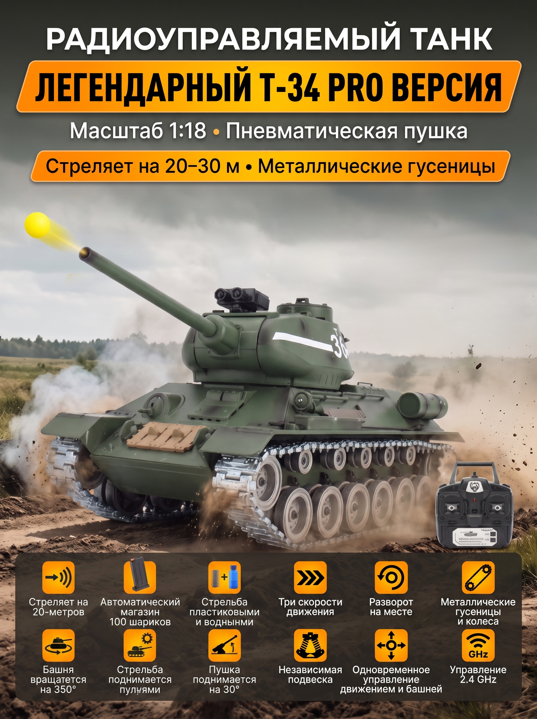 Радиоуправляемый танк R-WINGS T-34 - RWG021-842-PRO