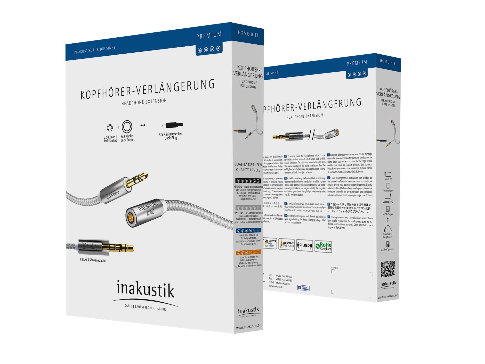 Inakustik Premium Extension Audio Cable 7.5m 3.5mm jack<>3.5mm jack(F)+6,3 jack adapter кабель межблочный