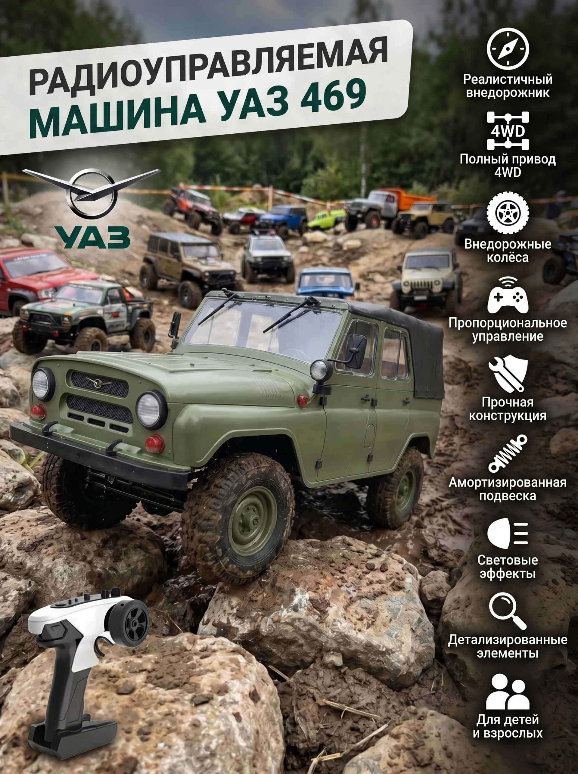Радиоуправляемая машина УАЗ 469 зеленый 1:12 - WPLC94-GREEN