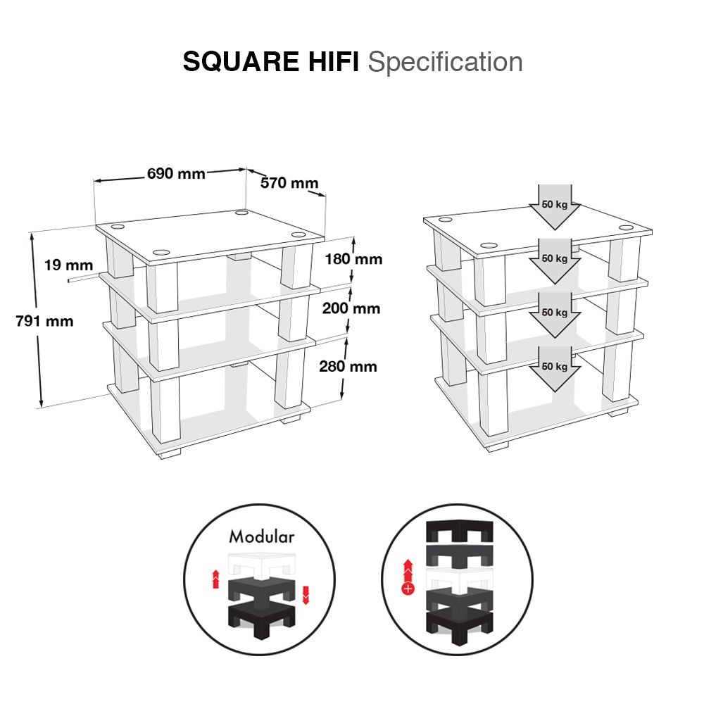 NorStone Square HiFi стойка под Hi-Fi аппаратуру, черные полки, серебристые стойки, ширина 690мм