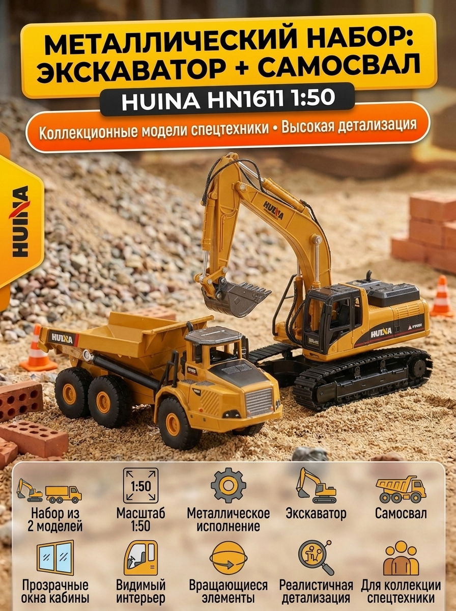 Набор металлический Экскаватор + Самосвал HuiNa 1:50 - HN1611