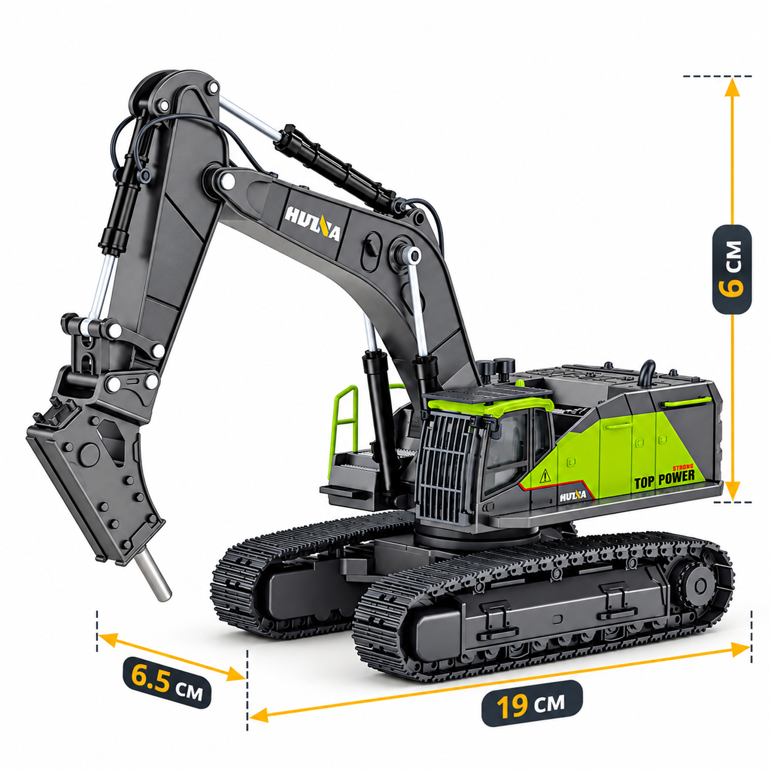 Металлический экскаватор с отбойным молотом HUI NA TOYS масштаб 1:50 - HN1723-GREEN