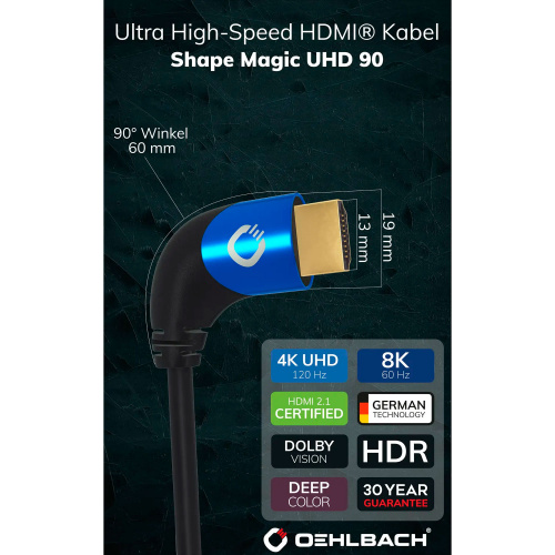 HDMI кабель Oehlbach PERFORMANCE SHAPE MAGIC UHD 90 black UHS HDMI cable 1,0m D1C42540