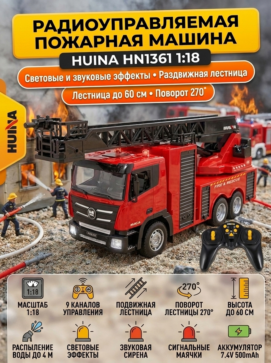 Радиоуправляемая пожарная машина HUINA 1:18 - HN1361
