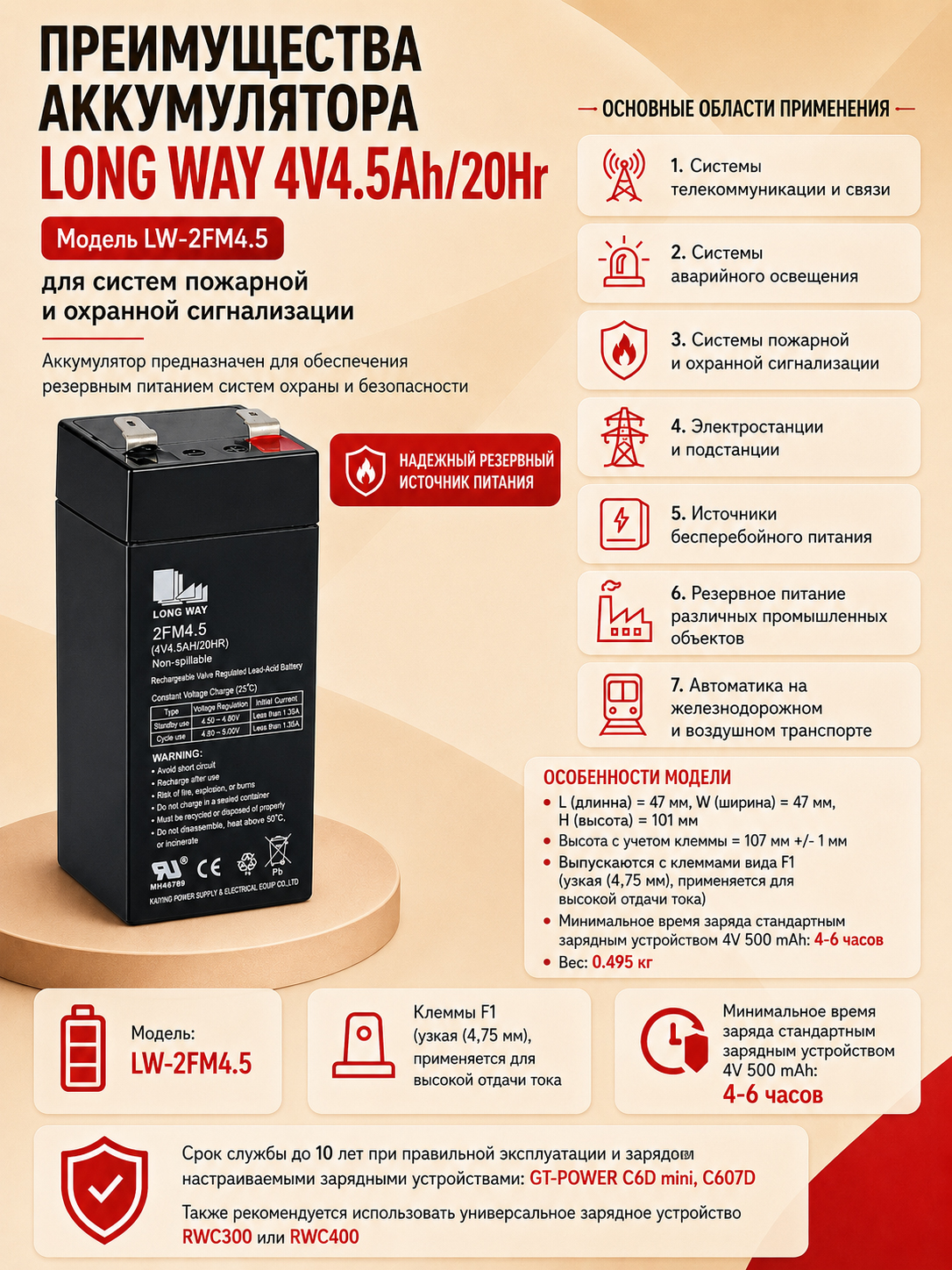 Аккумулятор Long Way 4V4.5Ah/20Hr - LW-2FM4.5
