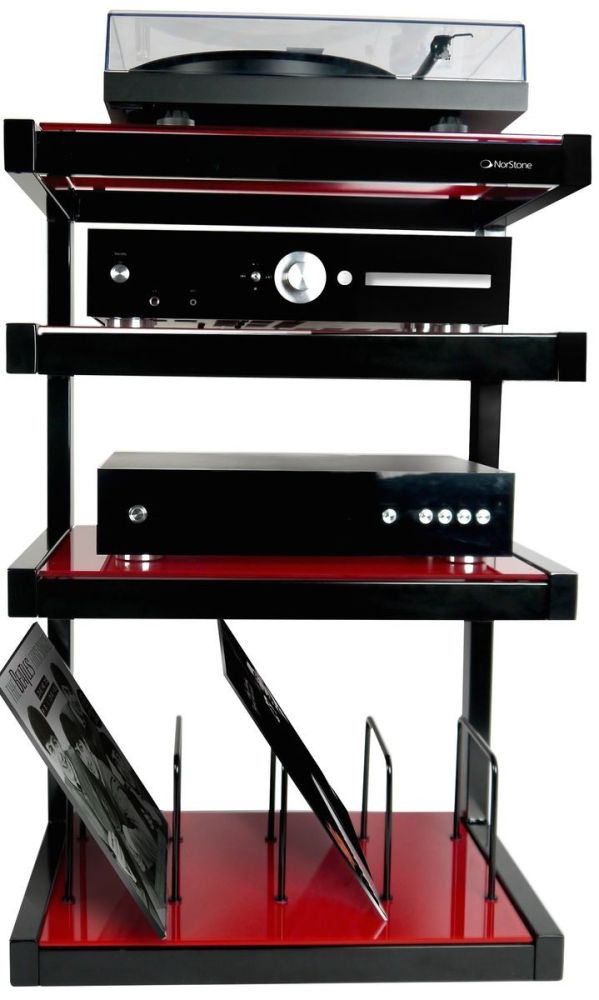 NorStone Esse Hifi VInyl Blk/Red стойка под Hi-Fi аппаратуру, черные полки, красные стойки, ширина 570/510 мм (NORESSHFVBKRD)