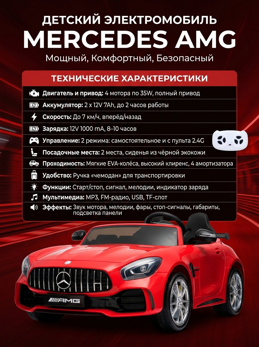 Электромобиль Mercedes-Benz GT R (красный, 4WD, 12V) - HL289-RED