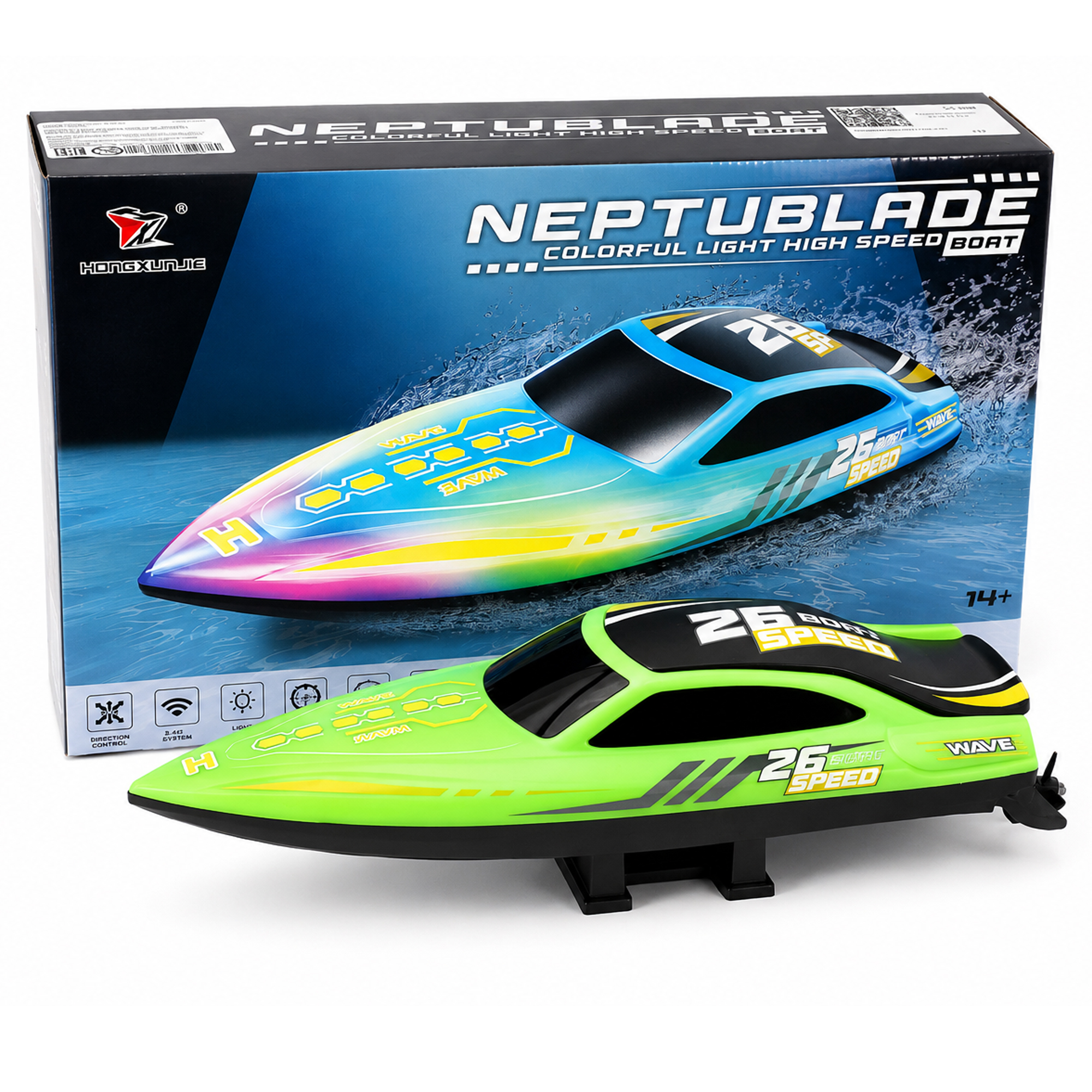 Радиоуправляемый катер NeptuBlade (25 км/ч, 32 см, 30 мин, 7 видов подсветки) - HJ826B-GREEN
